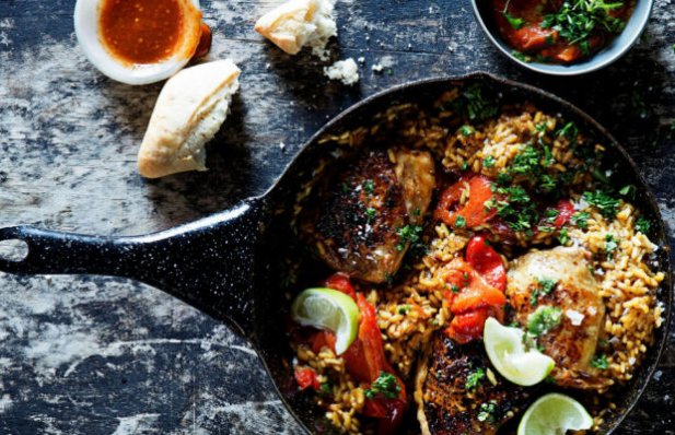 How to make Portuguese style chicken and char grilled red pepper paella with fresh lime.