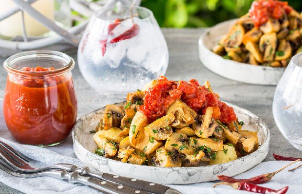 This Spanish mushrooms and patatas bravas recipe is often served as part of a tapas selection, but you can also enjoy them as a common side dish.