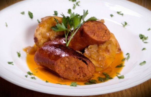 Azorian roasted chouriço sausage and potatoes is a simple, hearty and delicious meal.